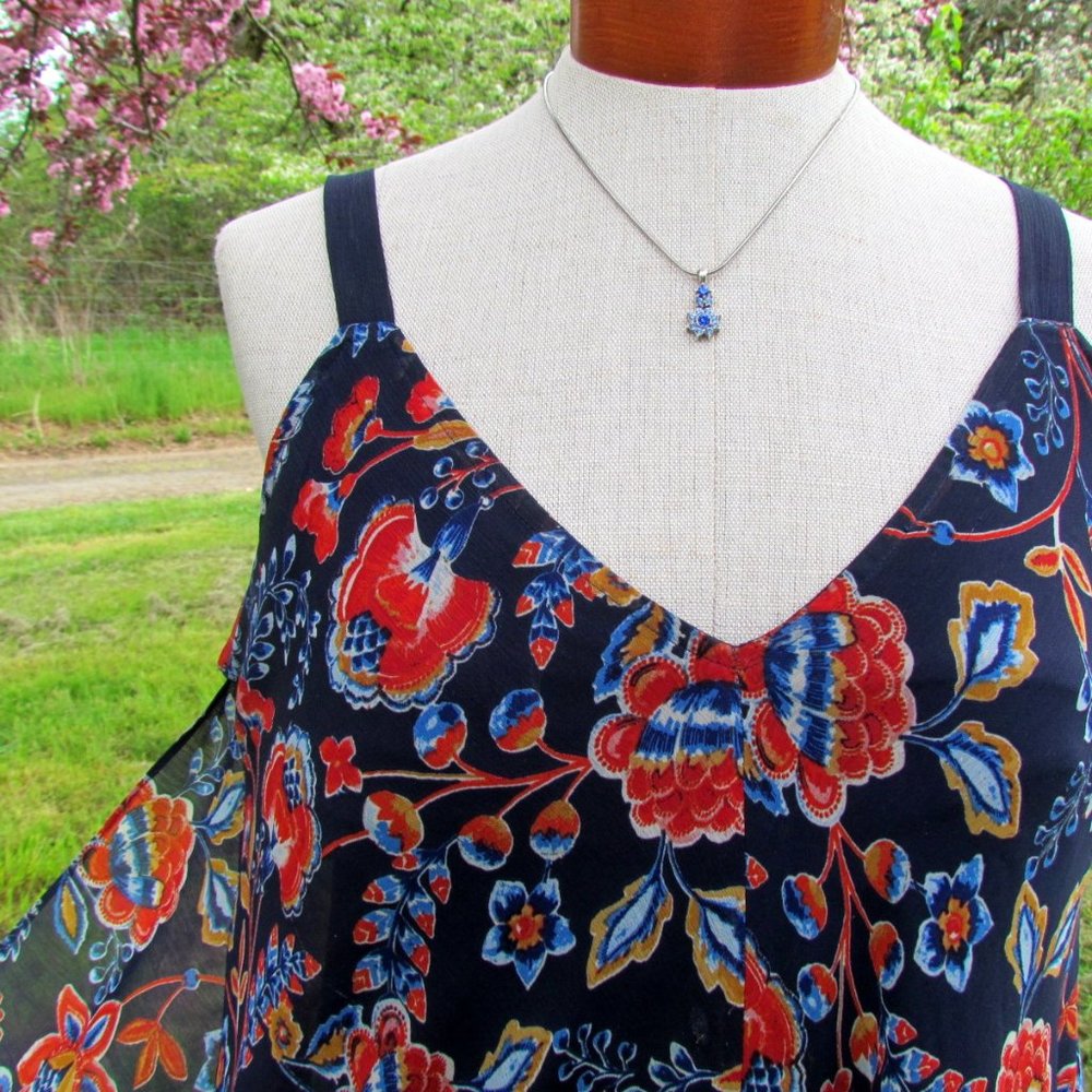 BOHO FESTIVAL DRESS, M, NAVY RED GOLD PRINT, AIRY OVERSKIRT, HANDKERCHIEF HEM - Picture 2 of 9